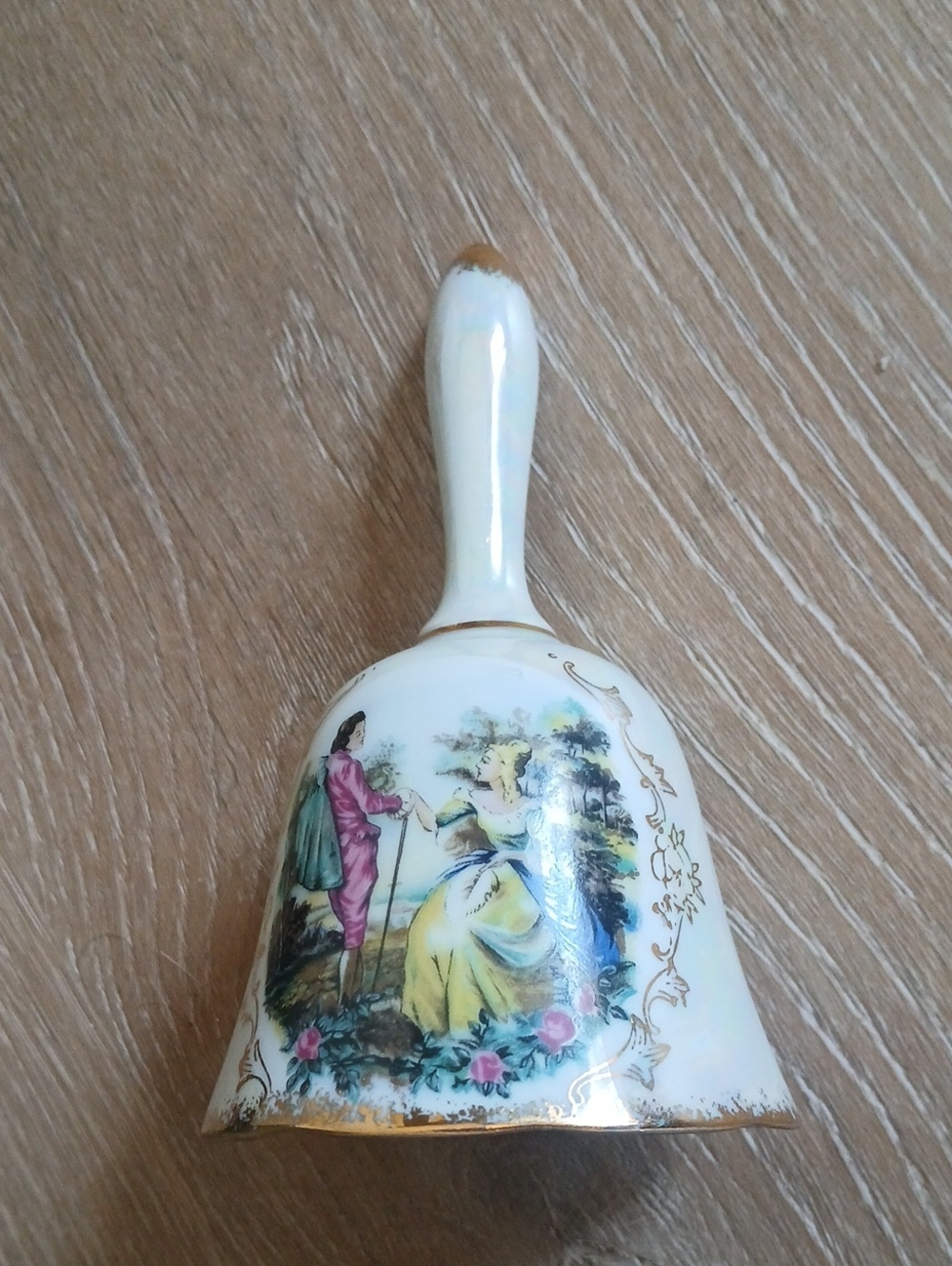 Vintage Lusterware White Porcelain Decorative Bell with Pastoral Scene Gold Trim